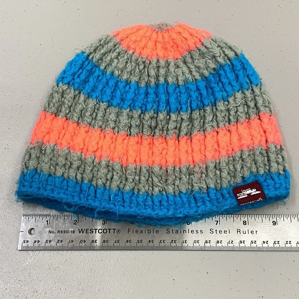 Spacecraft Neon Pink & Blue Stripe Fuzzy Yarn Chunky Knit Ski Beanie Unisex OSFA
